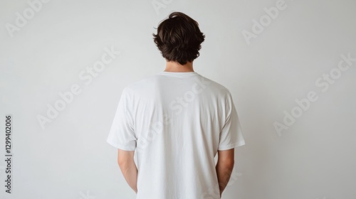 A mockup of a boy wearing a white t-shirt, turned backwards, on a white background.



