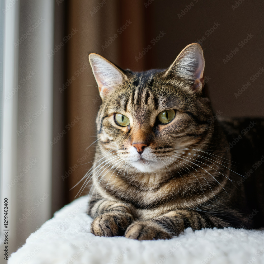 Thoughtful tabby cat gazing out a window, resting on a cozy blanket, enjoying a quiet and peaceful indoor moment Thoughtful tabby cat gazing out a window, resting on a cozy blanket, enjoying a quiet and peaceful indoor moment
