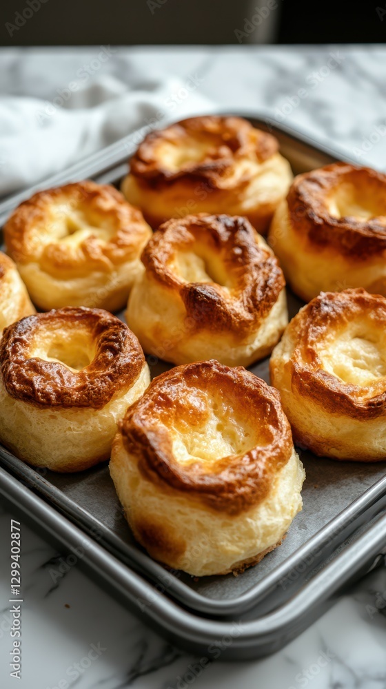 Freshly baked golden pastries arranged neatly on a baking tray on a marbled countertop Freshly baked golden pastries arranged neatly on a baking tray on a marbled countertop