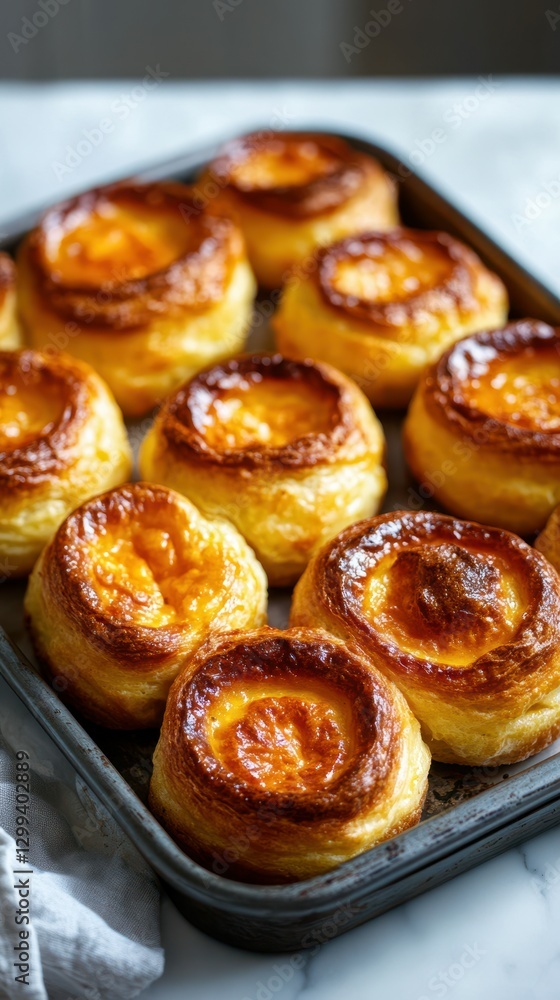 Freshly baked pastry rolls with custard filling cooling on a baking tray in the kitchen Freshly baked pastry rolls with custard filling cooling on a baking tray in the kitchen