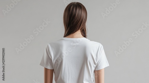 A mockup of a girl wearing a white t-shirt, turned backwards, on a white background.
