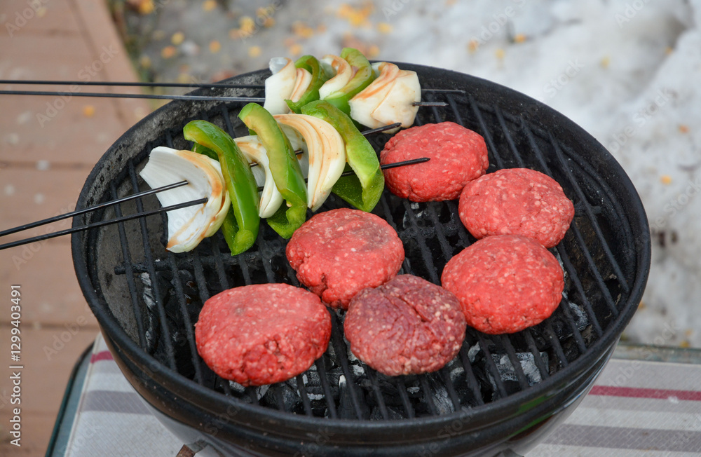 Winter grilling hamburgers with Moxie.