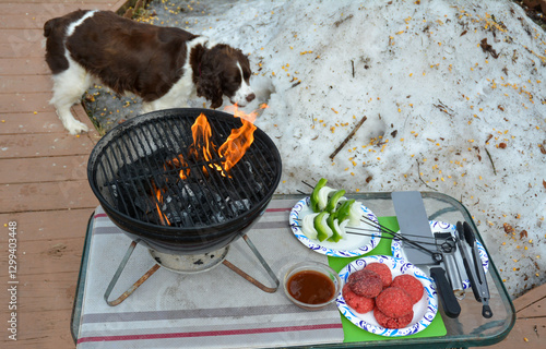 Winter grilling hamburgers with Moxie.