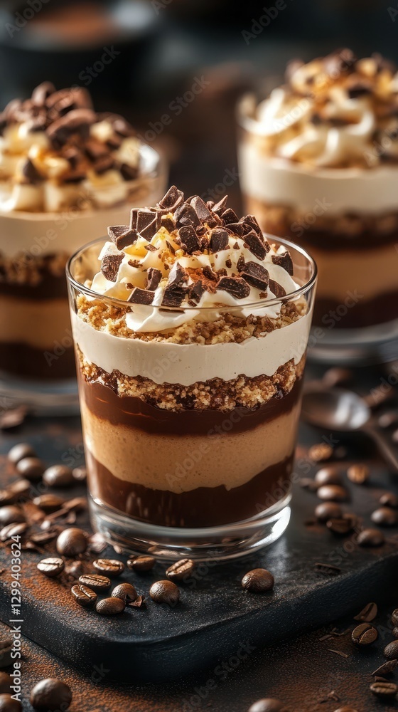 Delicious layered dessert with chocolate cream and whipped topping served on a dark rustic table Delicious layered dessert with chocolate cream and whipped topping served on a dark rustic table