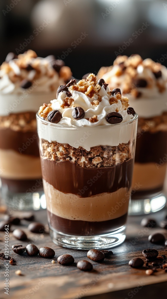 Delightful dessert cups filled with layers of chocolate, coffee, and cream on a rustic wooden table Delightful dessert cups filled with layers of chocolate, coffee, and cream on a rustic wooden table