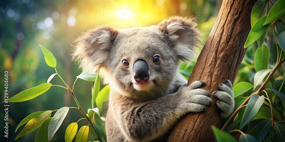 Fototapeta premium Adorable Koala Joey Clinging to Tree Branch in Australian Eucalyptus Forest