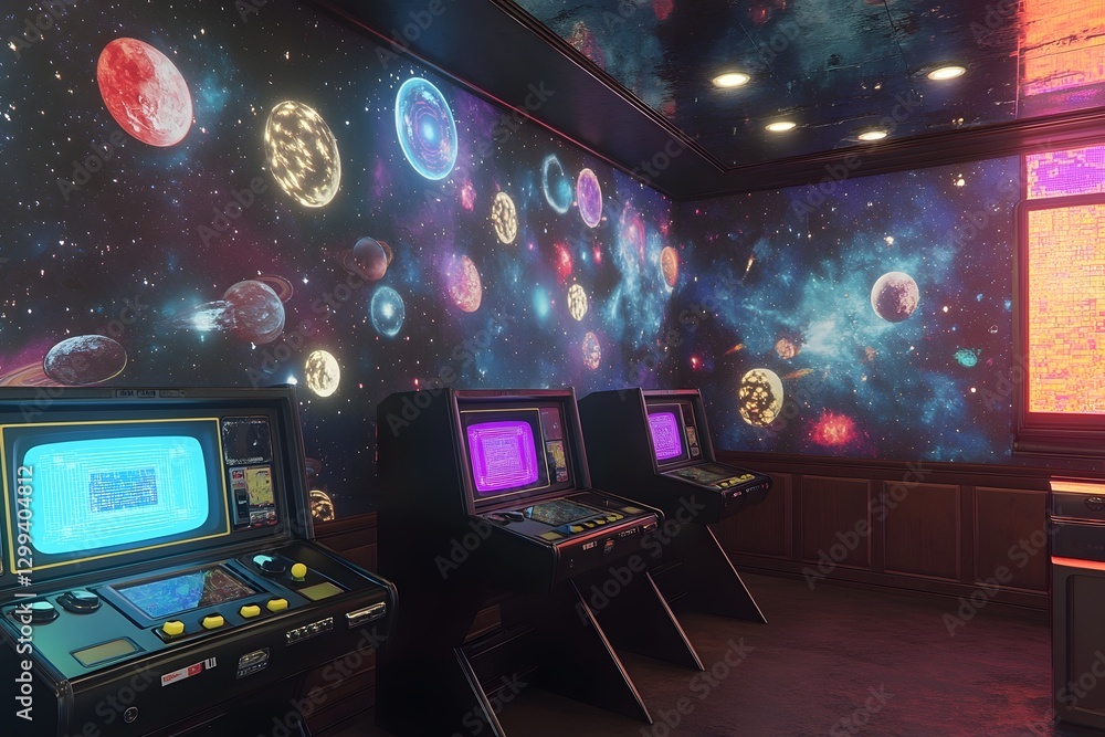 Fototapeta premium Futuristic Arcade with Cosmic Visuals and Retro Gaming Stations