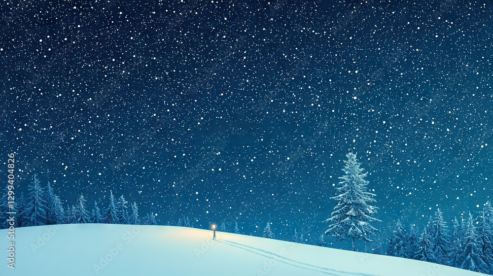 Fototapeta premium A lonely tree stands tall amidst the white winter landscape under a single piercing moonlight