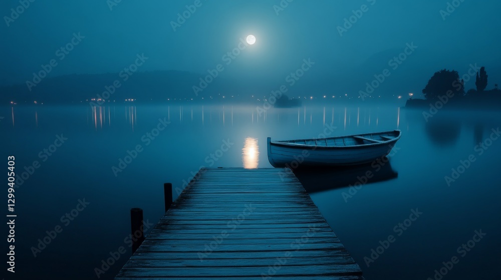 Fototapeta premium Moonlit lake, tranquil boat, wooden pier, night scene