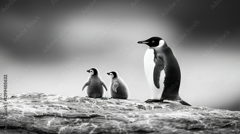Fototapeta premium A monochromatic image of penguins perched on a jagged cliff with a muted gray backdrop