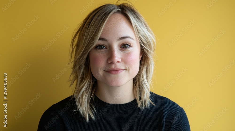 Fototapeta premium Portrait of a blonde smiling woman on a yellow background. For advertising