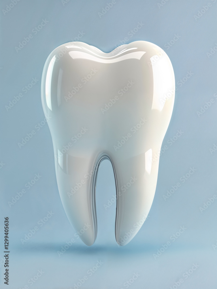 Glossy white tooth model displayed against a soft blue background emphasizing dental health and hygiene education Glossy white tooth model displayed against a soft blue background emphasizing dental health and hygiene education