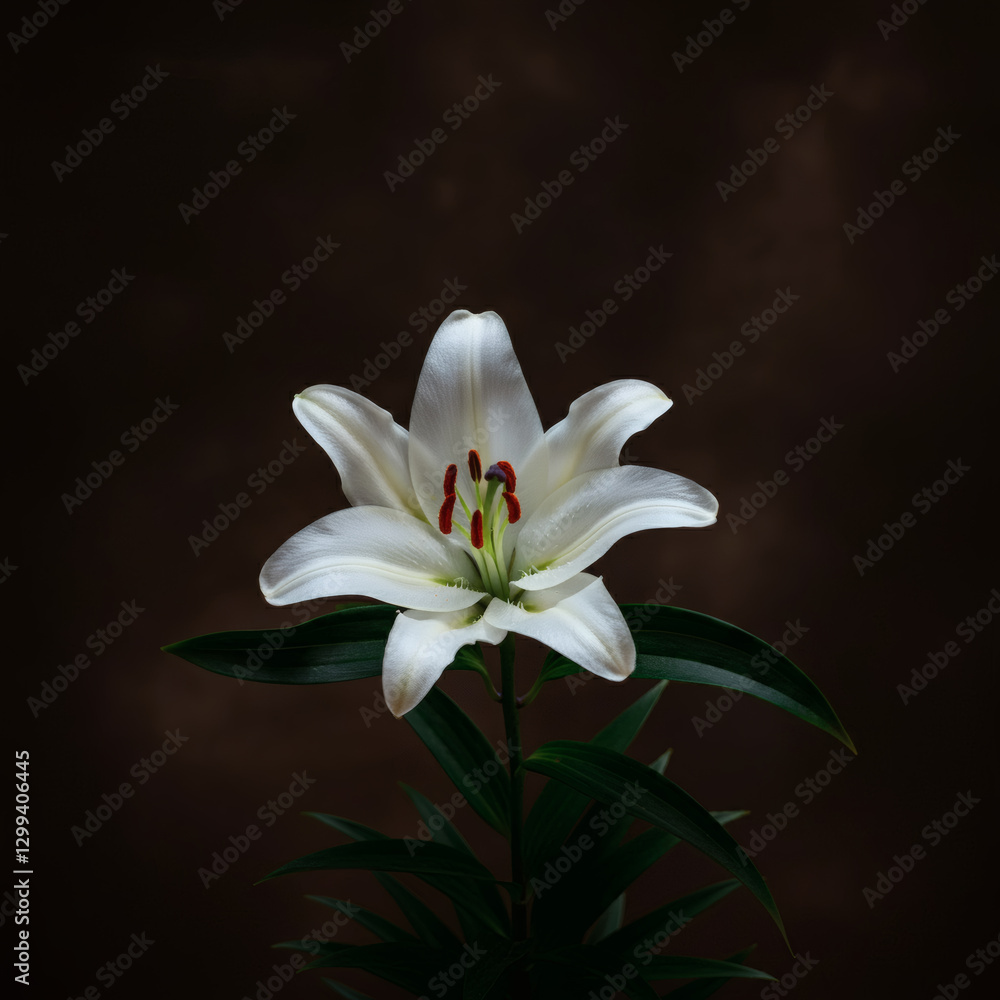 Naklejka premium Elegant white lily flower in full bloom with delicate petals and rich green leaves, standing out against a dark background