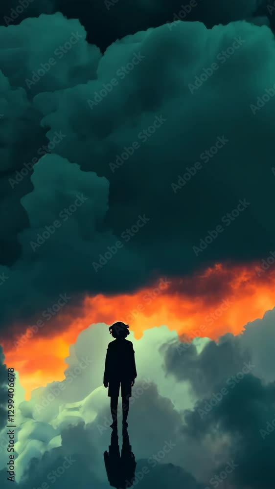Silhouette of a person standing against dramatic clouds at twilight with vibrant orange hues illuminating the sky Silhouette of a person standing against dramatic clouds at twilight with vibrant orange hues illuminating the sky