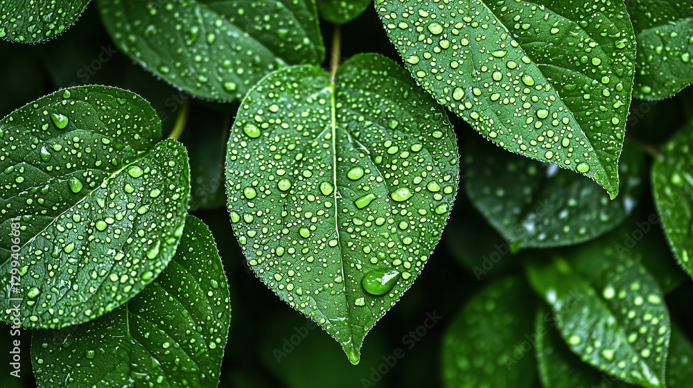Fototapeta premium Vibrant Green Leaves with Water Droplets and Intricate Details