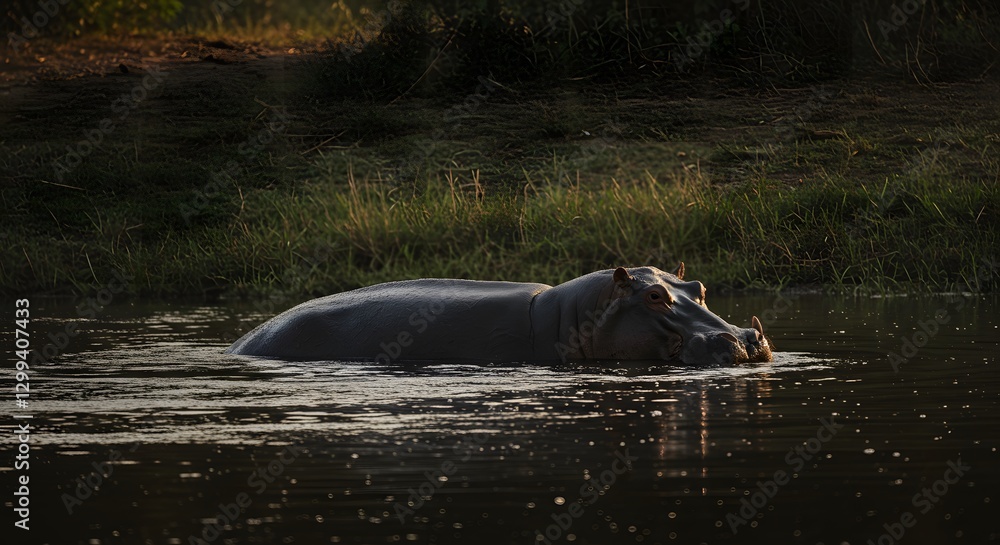Fototapeta premium Hippopotamus Relaxing in Water at Sunset African Wildlife