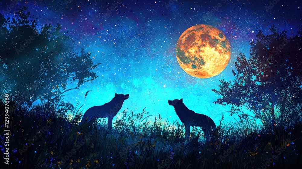 Two wolves silhouetted against a vibrant night sky and large moon. Two wolves silhouetted against a vibrant night sky and large moon.