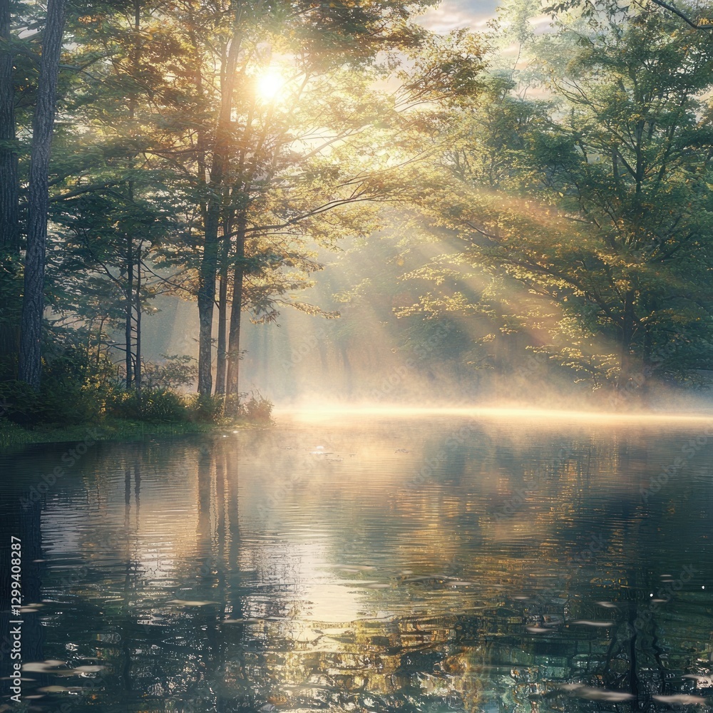 Sunbeams illuminate misty lake and trees at sunrise. Sunbeams illuminate misty lake and trees at sunrise.
