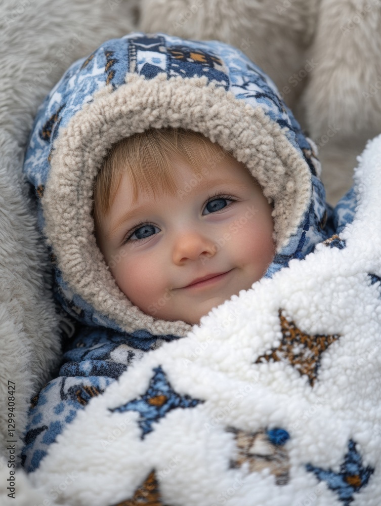 Child wrapped in a cozy blanket smiles warmly while enjoying a comfortable moment outdoors in winter Child wrapped in a cozy blanket smiles warmly while enjoying a comfortable moment outdoors in winter