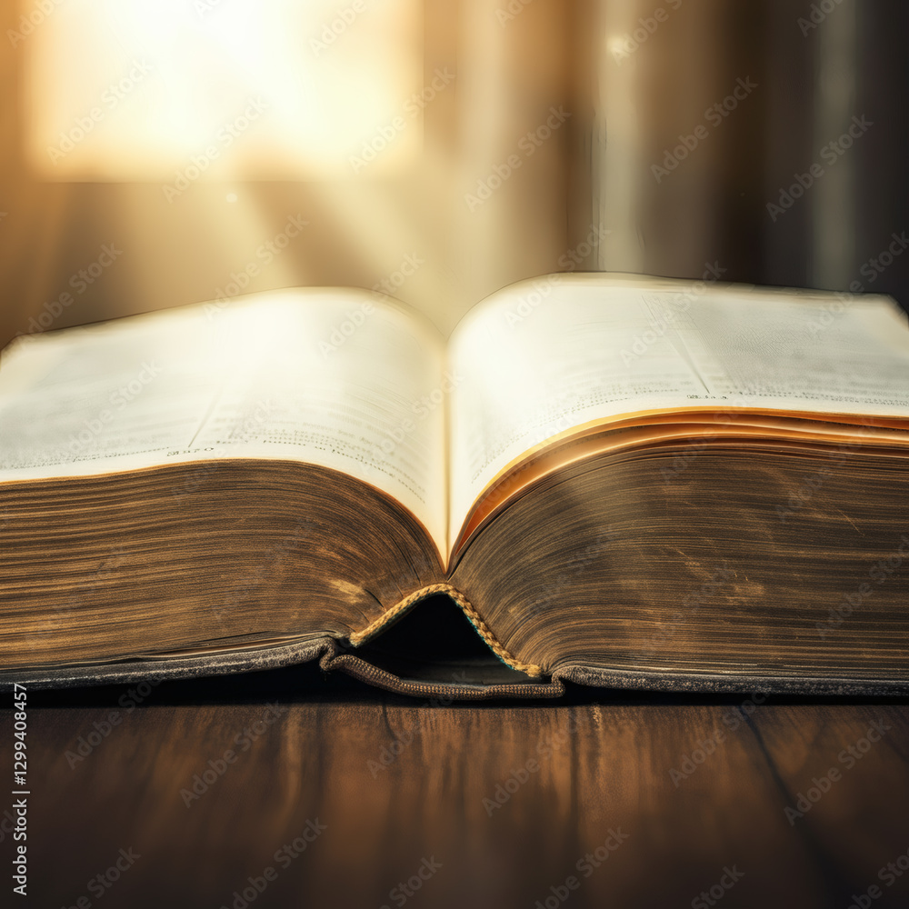 Obraz premium Vintage Bible with aged golden pages in soft light, symbolizing faith, wisdom, and the spiritual guidance of Christianity