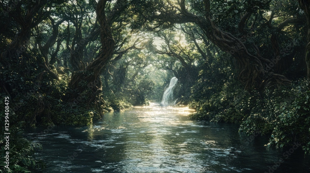 Fototapeta premium Sunlit stream flows through lush, green jungle towards waterfall.
