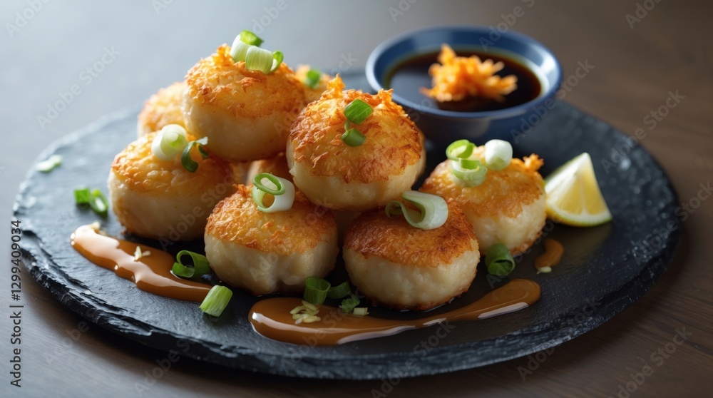 Delicious Fried Dumplings with Soy Sauce and Garnishes on a Dark Plate Delicious Fried Dumplings with Soy Sauce and Garnishes on a Dark Plate