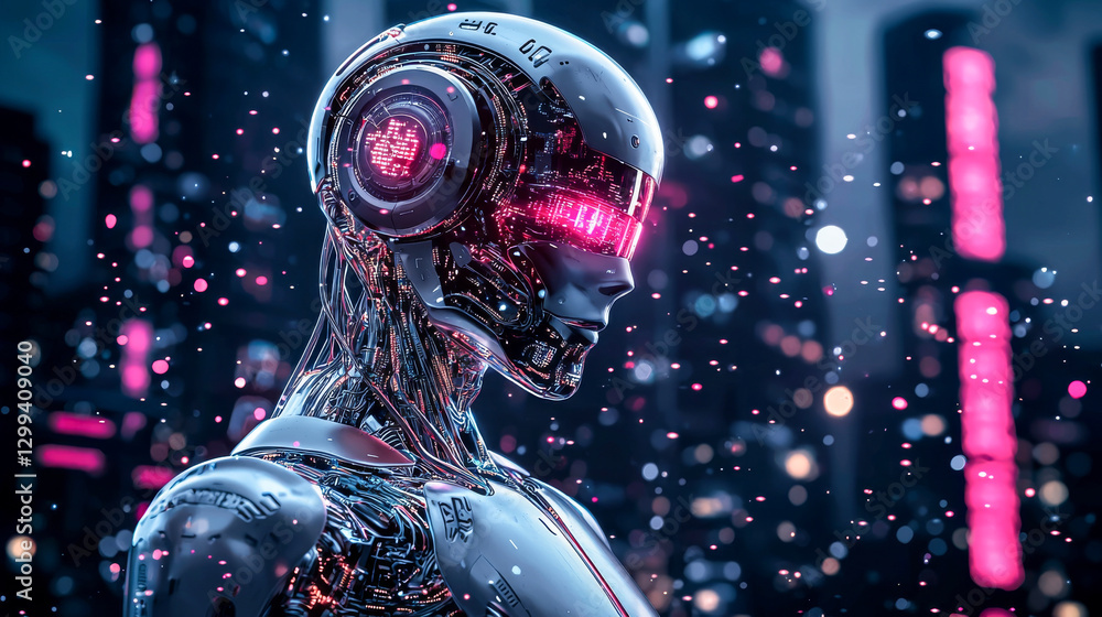 Holographic Neon Illustration of Sleek Humanoid Robot in Futuristic Cityscape at Night. Concept of Technology Innovation, Sci-Fi Art, Robotic Intelligence, Cybernetic Aesthetics Holographic Neon Illustration of Sleek Humanoid Robot in Futuristic Cityscape at Night. Concept of Technology Innovation, Sci-Fi Art, Robotic Intelligence, Cybernetic Aesthetics