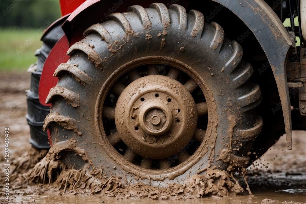Tractor tire navigating muddy field during farming Tractor tire navigating muddy field during farming
