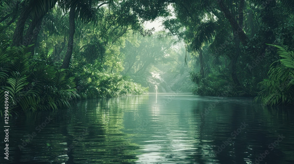 Obraz premium Lush green jungle river scene with mist.