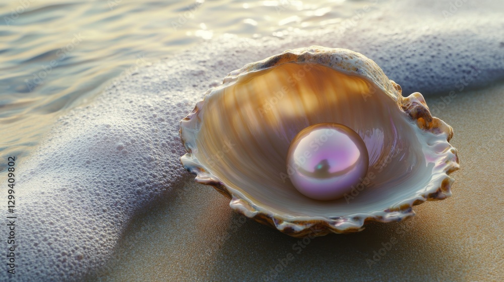 Pearl in Seashell on Sandy Beach, Ocean Wave Pearl in Seashell on Sandy Beach, Ocean Wave
