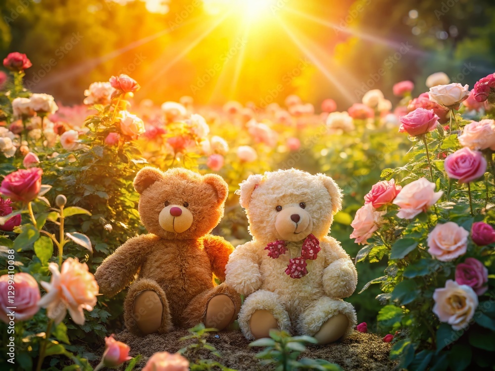 Fototapeta premium Adorable Teddy Bear Couple Amidst Blooming Roses in a Lush Garden - Aerial View