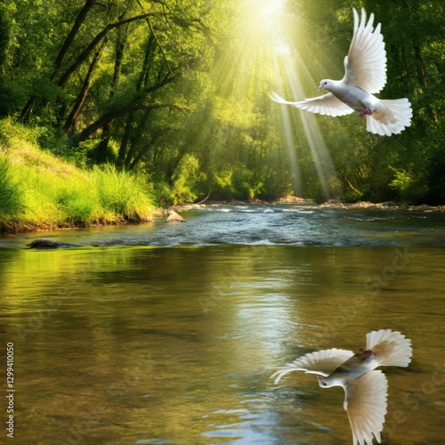 Peaceful river flowing through a lush green forest, illuminated by sun rays, with a white dove soaring in the golden light photo