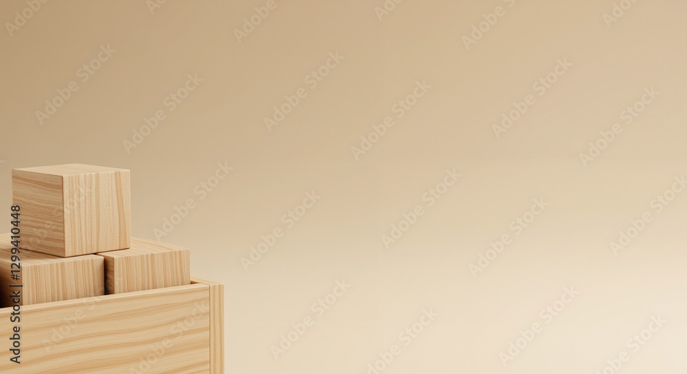 Wooden blocks in a light-toned wooden storage box creating a minimalist and organized aesthetic representing tidiness and functionality in simple design Wooden blocks in a light-toned wooden storage box creating a minimalist and organized aesthetic representing tidiness and functionality in simple design