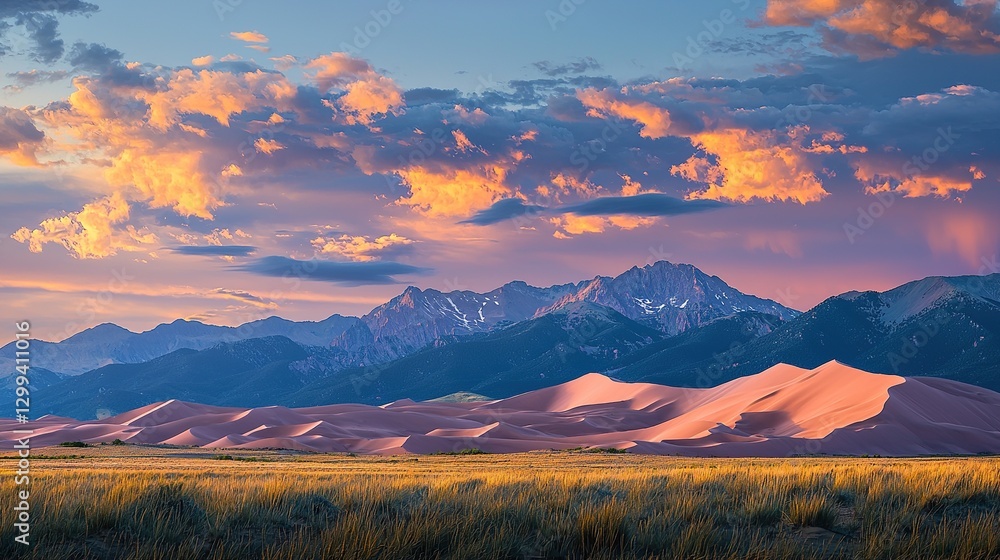 Obraz premium Sunset over sand dunes and mountains in a vast desert landscape
