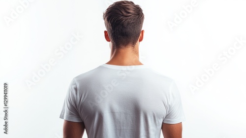 A mockup of a boy wearing a white t-shirt, standing with his back turned and facing the background, on a white background.



