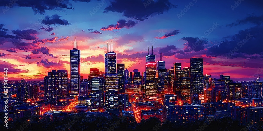 Obraz premium Cityscape sunset, vibrant skyline, night lights, urban panorama, wallpaper