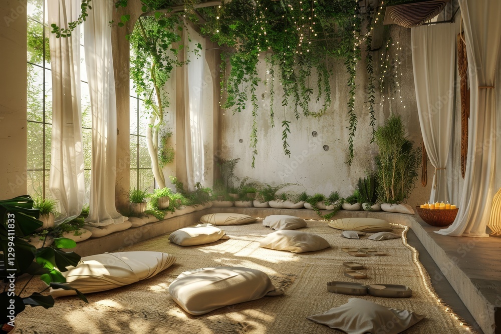 Obraz premium A peaceful meditation room adorned with lush greenery and soft natural light, A serene meditation space with soft, natural lighting and lush greenery