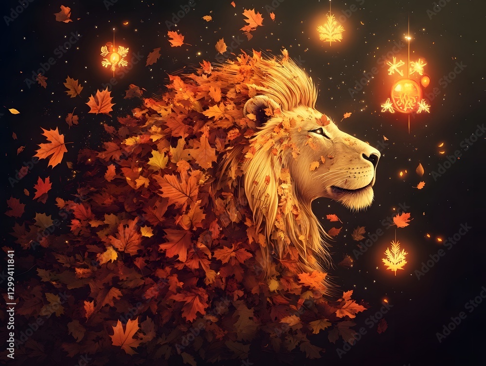 Obraz premium Majestic Lion Surrounded by Fiery Autumn Leaves in Enchanting Forest