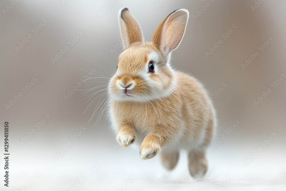 Obraz premium A playful rabbit leaps joyfully through the air, its soft, fluffy fur glistening under soft light
