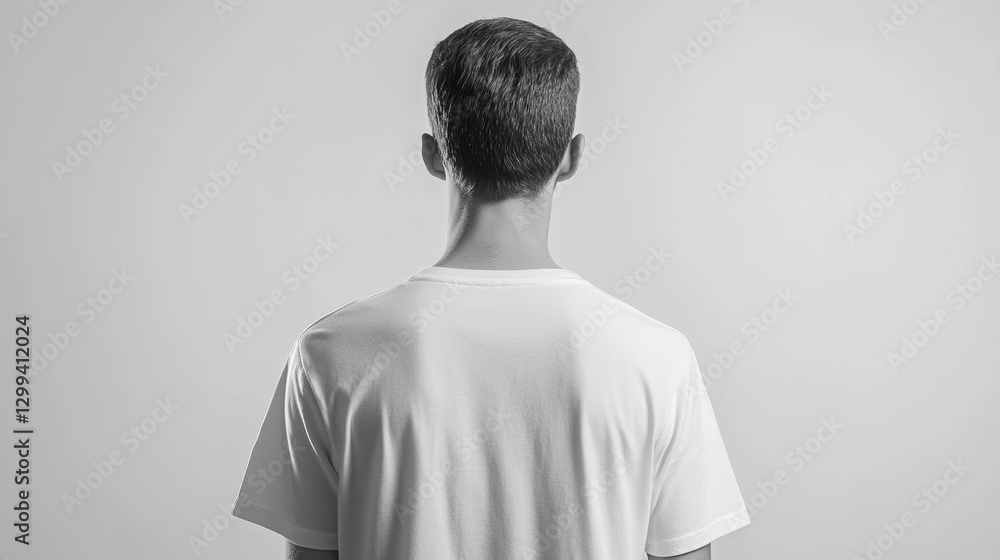 A mockup of a boy wearing a white t-shirt, standing with his back turned and facing the background, on a white background. A mockup of a boy wearing a white t-shirt, standing with his back turned and facing the background, on a white background.