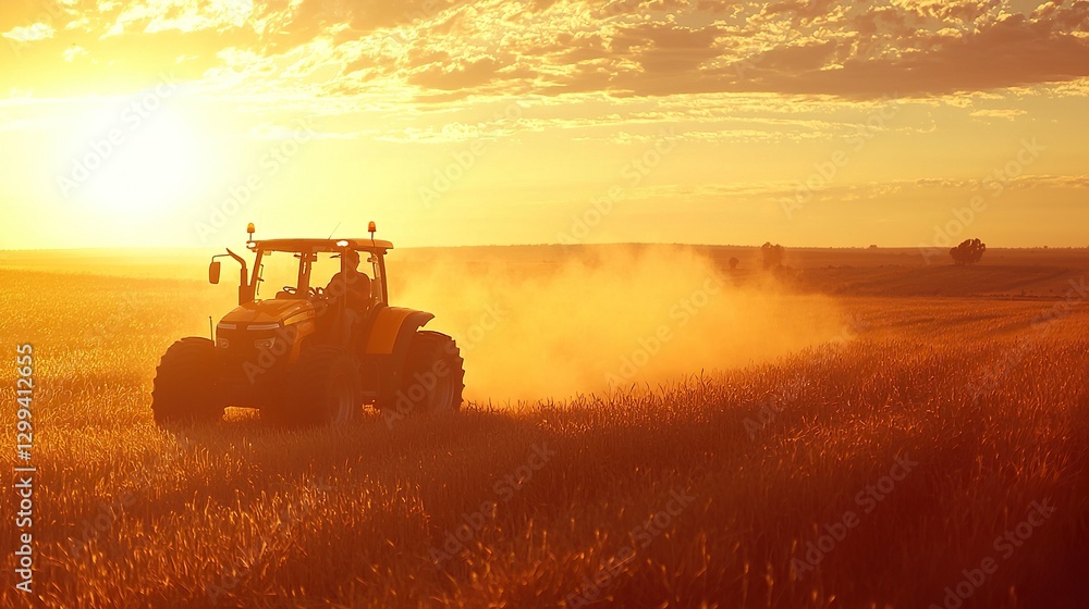 Fototapeta premium Smiling farmer driving tractor at sunset in golden wheat field