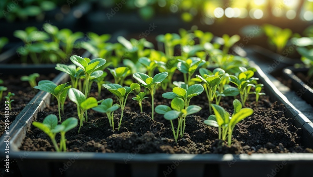 Small green seedlings in potting soil, growing in a seedling tray, ready for transplanting into the garden Small green seedlings in potting soil, growing in a seedling tray, ready for transplanting into the garden