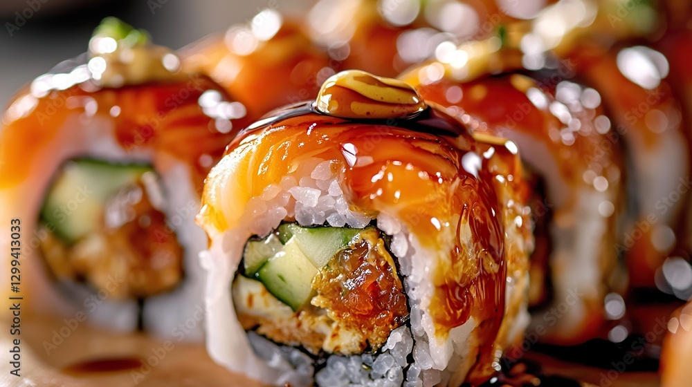 Expert sushi chef prepares delicious rolls in a busy restaurant kitchen Expert sushi chef prepares delicious rolls in a busy restaurant kitchen