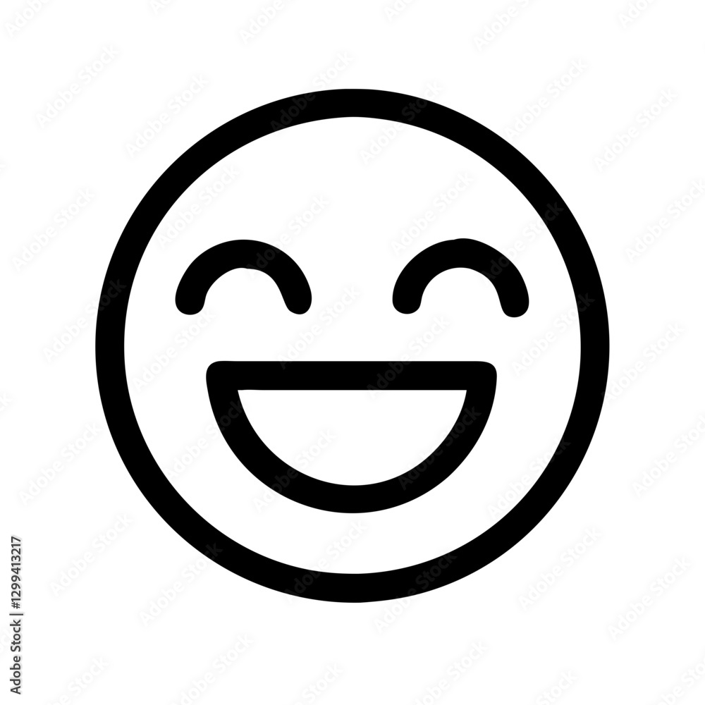 Black outline of a happy face emoji icon on a white background with copy space Black outline of a happy face emoji icon on a white background with copy space