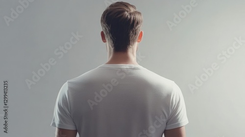 A mockup of a boy wearing a white t-shirt, standing with his back turned and facing the background, on a white background.
