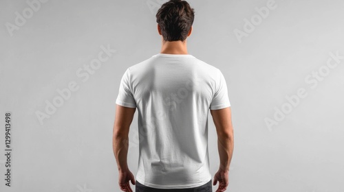 A mockup of a boy wearing a white t-shirt, standing with his back turned and facing the background, on a white background.