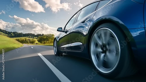 A sleek blue car speeding along a scenic road surrounded by lush greenery and a bright sky
