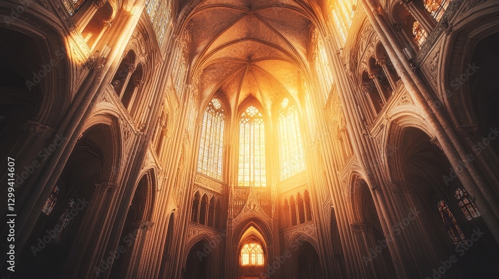 Fototapeta premium Sunlit Gothic cathedral interior, high arches, stained glass.