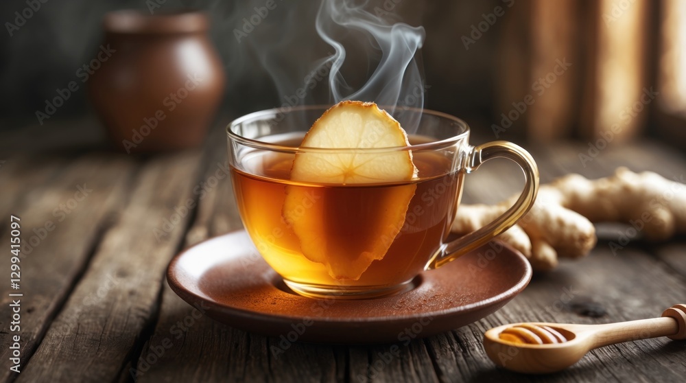Steaming Herbal Tea with Lemon and Ginger in a Glass Cup on a Wooden Table Steaming Herbal Tea with Lemon and Ginger in a Glass Cup on a Wooden Table