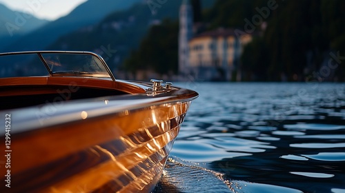 Elegant wooden boat gliding on calm lake waters at sunset, reflecting golden light